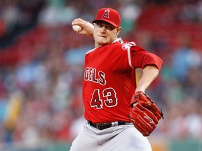 Angels starting pitcher Garrett Richards will miss the rest of the season after injuring his knee on Wednesday in Boston. (Mark L. Baer/USA TODAY Sports)