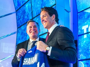 Tim Leiweke (left) and Brendan Shanahan, new Toronto Maple Leafs president, after  a press conference at the Air Canada Centre in Toronto on Monday, April 14, 2014. (Ernest Doroszuk/Toronto Sun)