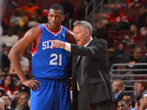 Thaddeus Young of the Philadelphia 76ers gets direction against the Portland Trailblazers at the Wells Fargo Center on December 14, 2013. (Jesse D. Garrabrant/NBAE via Getty Images/AFP)