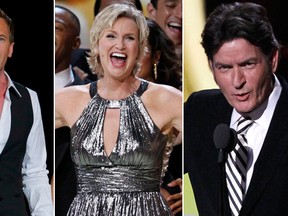 Neil Patrick Harris, left, Jane Lynch, middle, and Charlie Sheen. (Reuters file photos)