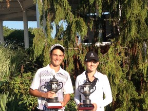 Swade Hall (left) and Haley Barclay took home the Men's and Women's club championship crowns at Sawmill Creek Golf Resort this past weekend. Hall, a 17-year-old and Barclay, just 13, fired respective scores of 144 and 145. Hall won by one stroke while Barclay's victory was by six. SUBMITTED PHOTO