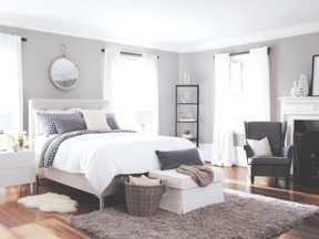 This whisper-grey painted bedroom is particularly au courant, says C&J, the perfect kickoff to the comfy land of slumber.