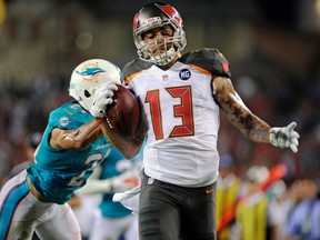 Buccaneers receiver Mike Evans (13) fumbles the ball on the one-yard-line after being hit by Dolphins cornerback Brent Grimes (21) during NFL pre-season action in Tampa, Fla., on Aug. 16, 2014. (David Manning/USA TODAY Sports)