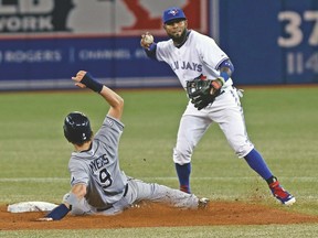 Jays shortstop Jose Reyes makes the throw to first after getting Rays baserunner Wil Myers at second on Friday night at the Rogers Centre. (DAVE THOMAS/Toronto Sun)