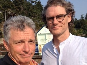 On the pier at Pender Island with Jesse Cook, one of the world's greatest flamenco guitarists.