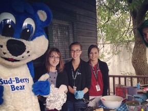 Photo supplied                         
The Sud-Berry Bear joined Nadia Vellucci, Michelle Graham and Janelle Crowley to serve pancakes at the Flour Mill Museum.