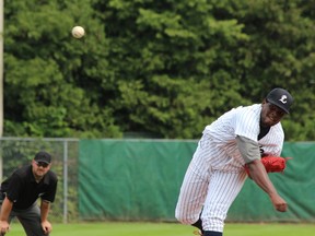 London Majors pitcher Carlos Martinez throws a pitch during a 3-2 loss to the Barrie Baycats Sunday at Labatt Park. DALE CARRUTHERS / THE LONDON FREE PRESS / QMI AGENCY