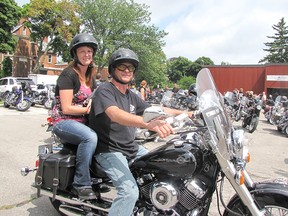 Rick Jackson and Lisa McRobbie of Tupperville were among hundreds of motorcycle enthusiasts who gathered for BikeFest in Chatham on Aug 23. The event, which raises funds for Big Brothers Big Sisters of Chatham-Kent, was moved to Tecumseh Park this year.