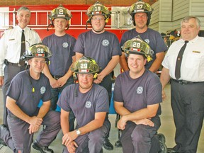 West Perth fire chief Bill Hunter (back row, left), and station chief Jim Tubb (back, right), welcomed six new firefighters during a graduation ceremony at the West Perth fire hall last Thursday, Aug. 21. The new firefighters are (back, second from left): Gord Roadknight, Andrew Daub and John VanderVelde. Front (left): John Wight, Kevin Cardno and Joe Graul. KRISTINE JEAN/MITCHELL ADVOCATE