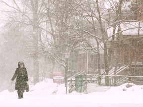 A woman walks along Spadina Ave. during a snow storm in Ottawa, Ont., on March 22, 2014. (Darren Brown/QMI Agency)