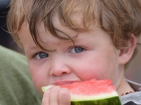 Zachary White samples the watermelon at the 17th annual Straffordville Watermelon Fest Saturday. CHRIS ABBOTT/TILLSONBURG NEWS