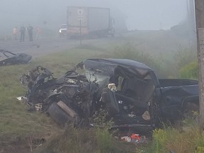 This pickup ended up in a ditch following the fatal collision. (DAVID RITCHIE/Special to the Toronto Sun)