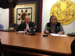Former Southern Chiefs Organization Grand Chief Murray Clearsky, left, and current SCO Grand Chief Terry Nelson speak at a press conference on Monday to fight allegations Clearsky recklessly spent SCO funds. (DAVID LARKINS/WINNIPEG SUN/QMI AGENCY)