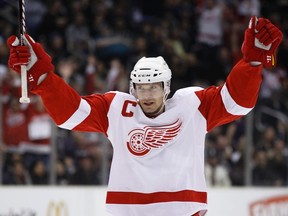 Detroit Red Wings' Nicklas Lidstrom celebrates after scoring against the Los Angeles Kings during the first period of their NHL game February 28, 2011. (REUTERS/Lucy Nicholson)