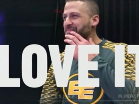 A frame grab from the Reebok teaser for the Eskimos signature uniform show QB Mike Reilly's approval for the new look. (Supplied)