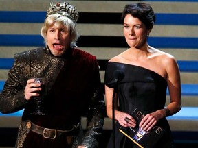 Andy Samberg and Lena Headey present  the award for Outstanding Miniseries onstage during the 66th Primetime Emmy Awards in Los Angeles, California August 25, 2014.  REUTERS/Mario Anzuoni