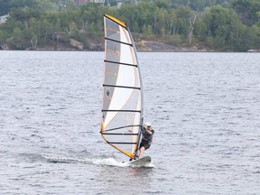 Gino Donato/The Sudbury Star   
A windsurfer makes his way across Ramsey Lake on Monday afternoon. The forecast for the rest of the week calls for temperatures in the low 20s with sunny skies.