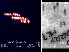 Screenshots from a police helicopter in London, England showing the elaborate nighttime proposal a man gave to his girlfriend.
(Screenshots from YouTube)