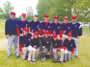 Four Portage bantam baseball players have made the 15U Manitoba Prospect Series team and will have a shot at making the Manitoba Western Canada Summer Games squad in 2015: Lane Taylor (catcher in middle of bottom row), Brody Moffatt (bottom row left), Connor Green (top row, middle #10), and  Jayson Brooks (top row, second from right).