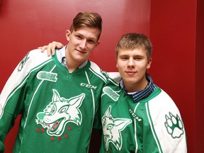 Pavel Jenys (left) and Ivan Kashtanov, the Sudbury Wolves' 2014 import picks, were introduced to local media at a press conference Tuesday at Sudbury Community Arena.