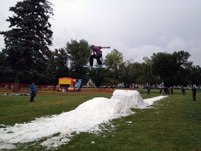A snowboarder catches some mid-summer air at Castle Mountain Ski Resort's display in Galt Gardens during the celebrations centred around the Canada Games Council bid team's tour of Lethbridge on Thursday, August 21. Photo submitted.