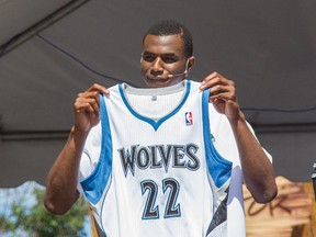 Minnesota Timberwolves guard Andrew Wiggins shows off his jersey at Minnesota State Fair in this Aug. 26, 2014 file photo. (USA TODAY Sports)