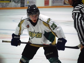 St. Thomas Stars hopeful Cal Horvat prepares for a faceoff in a preseason game Tuesday against the Sarnia Legionnaires. (Ben Forrest, Times-Journal)