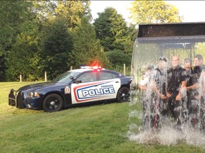Sunday in Hanover, local emergency services personnel answered the call and got wet for a great cause. Hanover Police Service was challenged by the Hanover Fire Department and subsequently got drenched. Pictured in the photo, from left to right, is chief Tracy David, auxiliary constable Andrew Dennie, constable Ian Sanderson, constable Ryan Cabral, auxiliary constable Barrett Weber and inspector Chris Knoll. To make a donation to ALS Canada visit als.ca/en/donate. (Photo submitted)