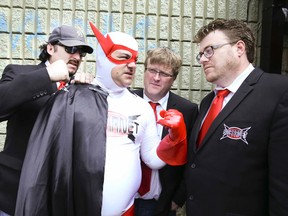 L to R, John Paul Tremblay, Patrick Roach as Swearman, Mike Smith and Robb Wells of the Trailer Park Boys in Toronto on Thursday, Aug. 21, 2014.They are appearing in an upcoming new movie, "Swearnet". Veronica Henri/QMI Agency