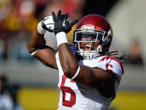 Josh Shaw of the USC Trojans celebrates after returning a blocked punt for a touchdown against the California Golden Bears at California Memorial Stadium on November 9, 2013. (Thearon W. Henderson/Getty Images/AFP)