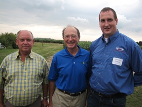 Iowa farmer Wayne Humphreys, middle, was in Chatham Tuesday to speak at the regional meeting of the Kent Federation of Agriculture that was held at Roesch Meats and More. Pictured with Humphreys are KFA president Adrian Jaques, right, and past president Louis Roesch.