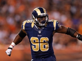 Michael Sam of the St. Louis Rams reacts after sacking Johnny Manziel of the Cleveland Browns at FirstEnergy Stadium on August 23, 2014. (Joe Robbins/Getty Images/AFP)