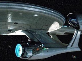 The USS Enterprise is pictured in this movie still from the 2009 film Star Trek.