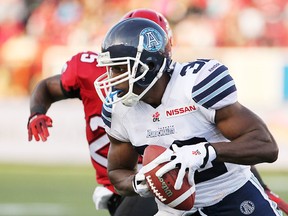 Argos’ Andre Durie, out with a broken clavicle, should be back in the lineup against the Ticats this week or at the latest next week. (Al Charest/QMI Agency)