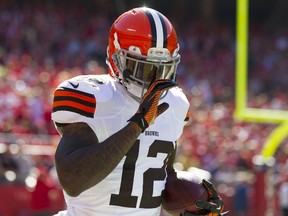 Wide receiver Josh Gordon of the Cleveland Browns celebrates after scoring a touchdown during the game against the Kansas City Chiefs at Arrowhead Stadium on October 27, 2013 in Kansas City, Missouri.   (David Welker/Getty Images/AFP)