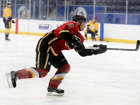 Sam Bennett, the Calgary Flames No. 1 draft pick from the Kingston Frontenacs, takes a shot at the NHLPA Rookie Showcase at the Mattamy Athletic Centre in Toronto on Saturday. (Veronica Henri/QMI Agency)