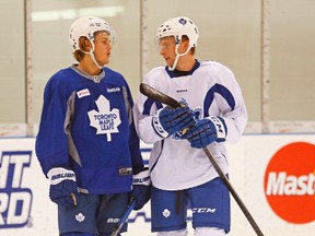 William Nylander (left), the Leafs' first pick in the 2014 draft, chats with fellow prospect Connor Brown on Thursday during an informal Leafs-Marlies skate at the MasterCard Centre. (Jack Boland, Toronto Sun)
