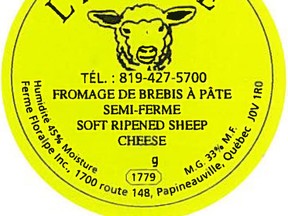 A recall has been issued for L’Alpette soft ripened sheep cheese over concerns it may contain Staphylococcus bacteria. The cheese was sold in 160 g packages in Ontario and Quebec and has a best before date of Oct. 31, 2014. (Photo: CFIA/Handout/QMI Agency)