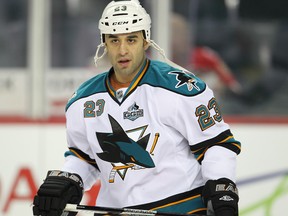 San Jose Sharks Scott Gomez skates during the warm up before facing the Calgary Flames at Scotiabank Saddledome in Calgary, Alberta, Wednesday March 6, 2013. (Al Charest/QMI Agency)