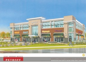 A building with restaurants, stores and offices will anchor an ESAM Group development at the corner of Wonderland Rd. and Oxford St. W. that also will include a Sobeys and LCBO outlet.