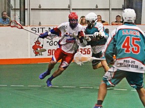 Peterborough Lakers' John Grant Jr. goes to the Six Nations Chiefs net during Friday night's dramatic 10-9 overtime win by the Lakers, forcing a Game 7 in the Major Series Lacrosse championship series starting at 8 p.m. Sunday at the Memorial Centre. The Lakers had trailed the series 3-1 before tieing it up at 3-3 with the win. SIX NATIONS CHIEFS PHOTO