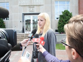 Ben Leeson/The Sudbury Star
Jessica Moore, girlfriend of the late Justin Dagenais, speaks with reporters outside the Sudbury Courthouse on Friday after Blake Lapierre was sentenced to seven years in Dagenais' stabbing death.