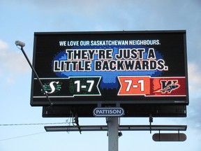 Back in 2011, the Bombers took out a billboard in Regina in advance of the Labour Day Classic. Final score of the game: Blue Bombers 7 — Roughriders 27. (TWITTER.COM)