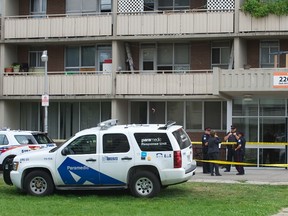 Two men are in hospital after a stabbing in the apartments at 220 Oak St. Sunday, Aug. 31, 2014. (Victor Biro photo)