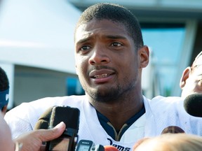 St. Louis Rams defensive lineman Michael Sam addresses the press after practice at Rams Park in St. Louis in this file photo taken July 29, 2014. Sam's dream of becoming the first openly gay player in the National Football League was put on hold on Saturday when he failed to make the St. Louis Rams' 53-man roster for the 2014 regular season.  (REUTERS)