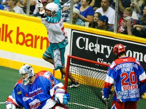 Peterborough Lakers' goalie Matt Vinc and his teammates react to a goal scored by Six Nation Chiefs during third period Game 7 MSL final action on Sunday, August 31, 2014 at the Memorial Centre. Clifford Skarstedt/Peterborough Examiner/QMI Agency