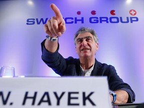Swatch Group chief executive Nick Hayek Jr. gestures during the Swiss watch maker annual news conference in Plan-Les-Ouates near Geneva in this March 20, 2014 file picture. REUTERS/DENIS BALIBOUSE