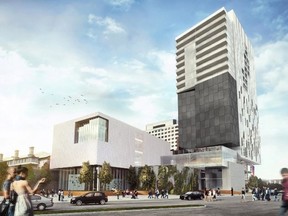 A developer`s sketch of the new $42-million, redeveloped Arts Court complex to be constructed along Daly St. The arts facility, hotel and condo tower is slated to be completed in 2017. (Submitted image)