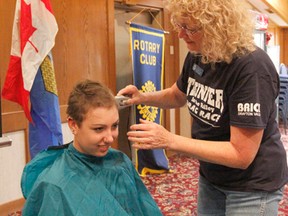 On Aug. 28 during a Rotary Club of Drayton Valley meeting, 17-year-old Jinell Benoit had her head shaved by Elaine Tamboline to raise money for ShelterBox Canada. Costing $1,200 each Benoit has so far raised enough to complete nearly three boxes.