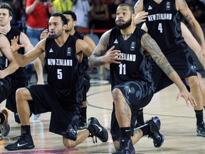 New Zealand's team performs a Haka before the 2014 FIBA World basketball championships Group C match USA vs New Zealand at the Bizkaia Arena in Bilbao on September 2, 2014. (AFP PHOTO/ ANDER GILLENEA)